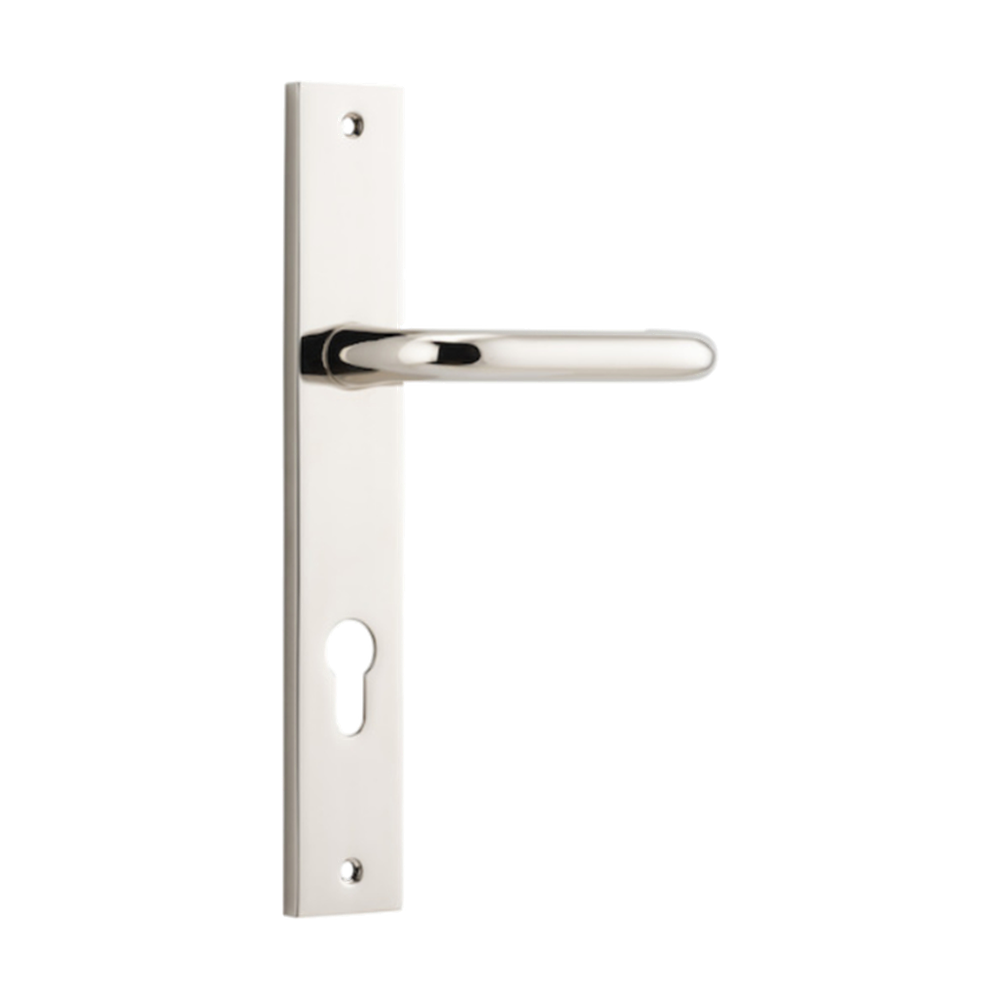 Pair of Iver Oslo Lever handles on rectangular backplates, architectural hardware for doors, in a sleek, modern design.