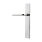 Pair of Iver Oslo Lever handles on rectangular backplates, architectural hardware for doors, shown in a close-up view.