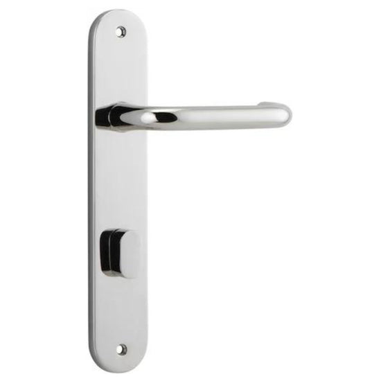 Door Lever Oslo Return Oval Privacy Polished Nickel CTC85mm L118xP56mm BPH240xW50mm Privacy Kit Tube Latch Split Cam 'T' Striker Polished Nickel Backset 60mm, Privacy Bolt Round Bolt Polished Nickel Backset 60mm in Polished Nickel