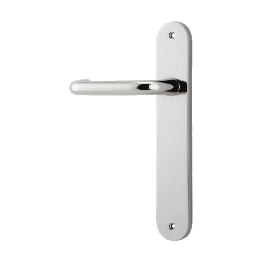 Door Lever Oslo Return Oval Latch Left Hand Fixed Polished Nickel L118xP54mm BPH240xW40mm in Polished Nickel