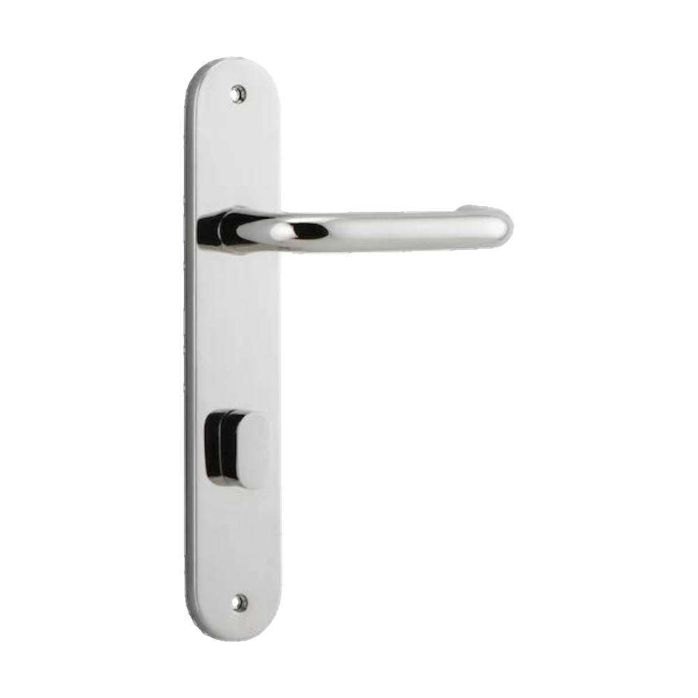 Door Lever Oslo Return Oval Privacy Polished Nickel CTC85mm L118xP56mm BPH240xW50mm Privacy Kit Tube Latch Split Cam 'T' Striker Polished Nickel Backset 60mm, Privacy Bolt Round Bolt Polished Nickel Backset 60mm in Polished Nickel