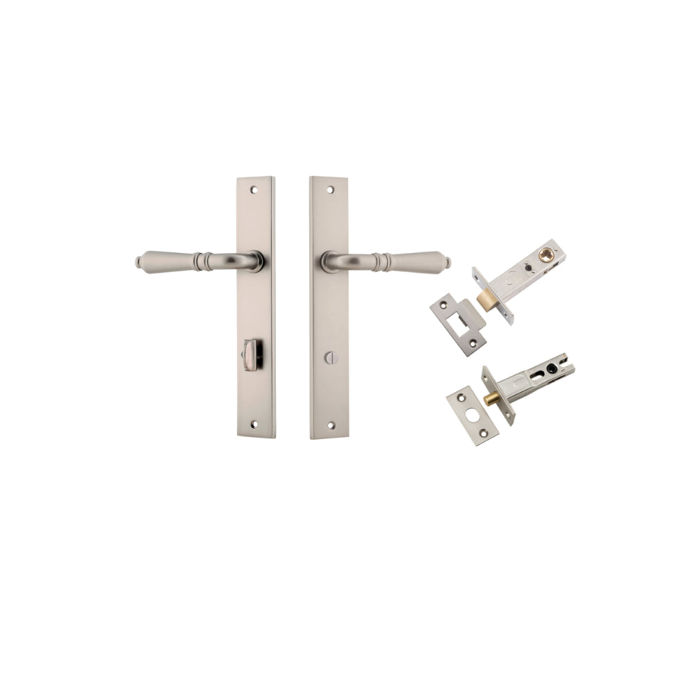 Pair of Iver Sarlat lever door handles with rectangular backplates, featuring a sleek, modern design in a polished finish.