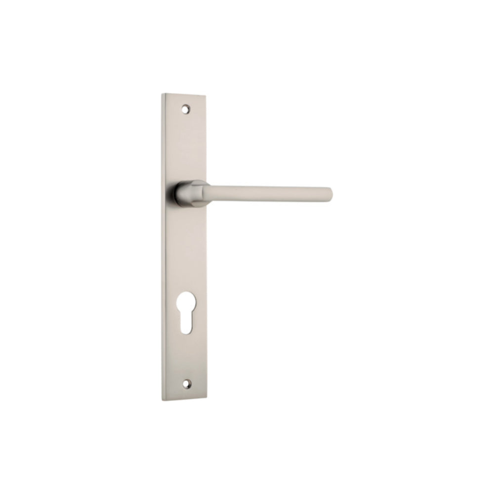 Pair of Iver Baltimore lever door handles on rectangular backplates, featuring a sleek modern design and brushed finish.