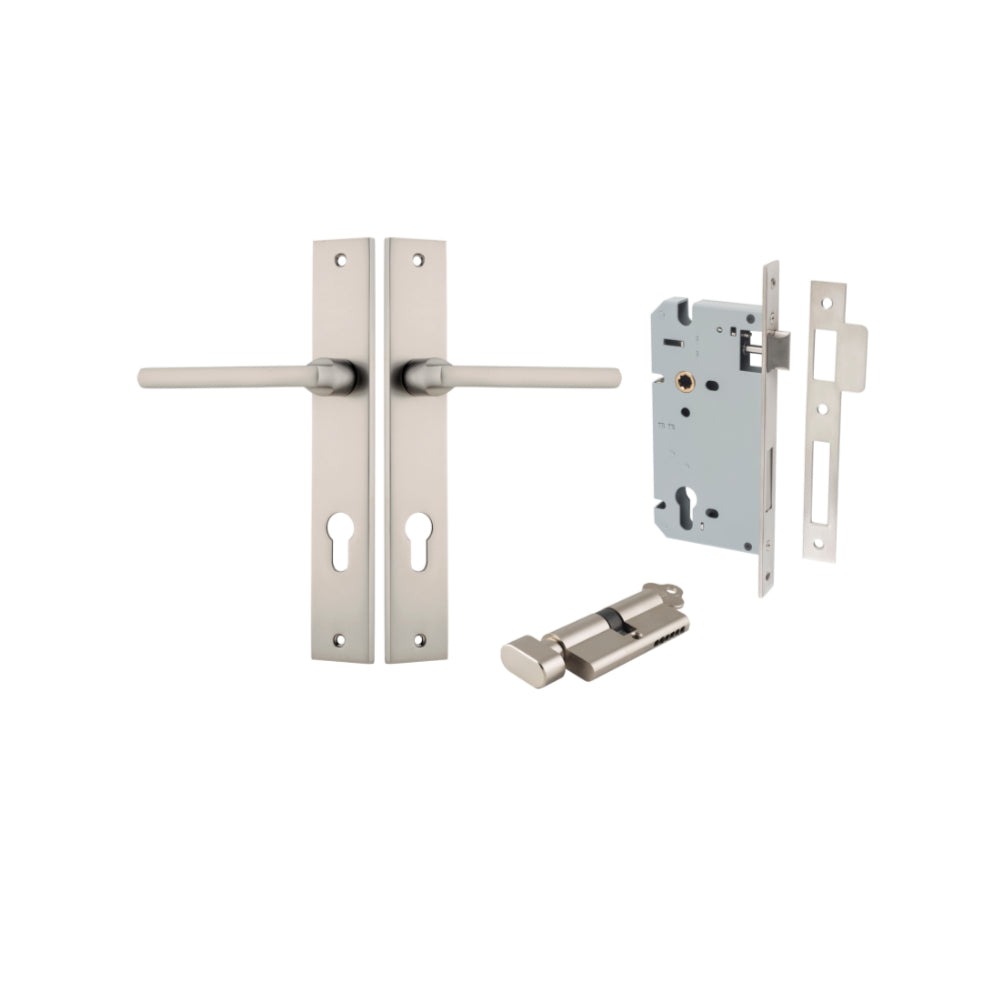 Pair of Iver Baltimore lever door handles on rectangular backplates, featuring sleek, modern design in a polished finish.
