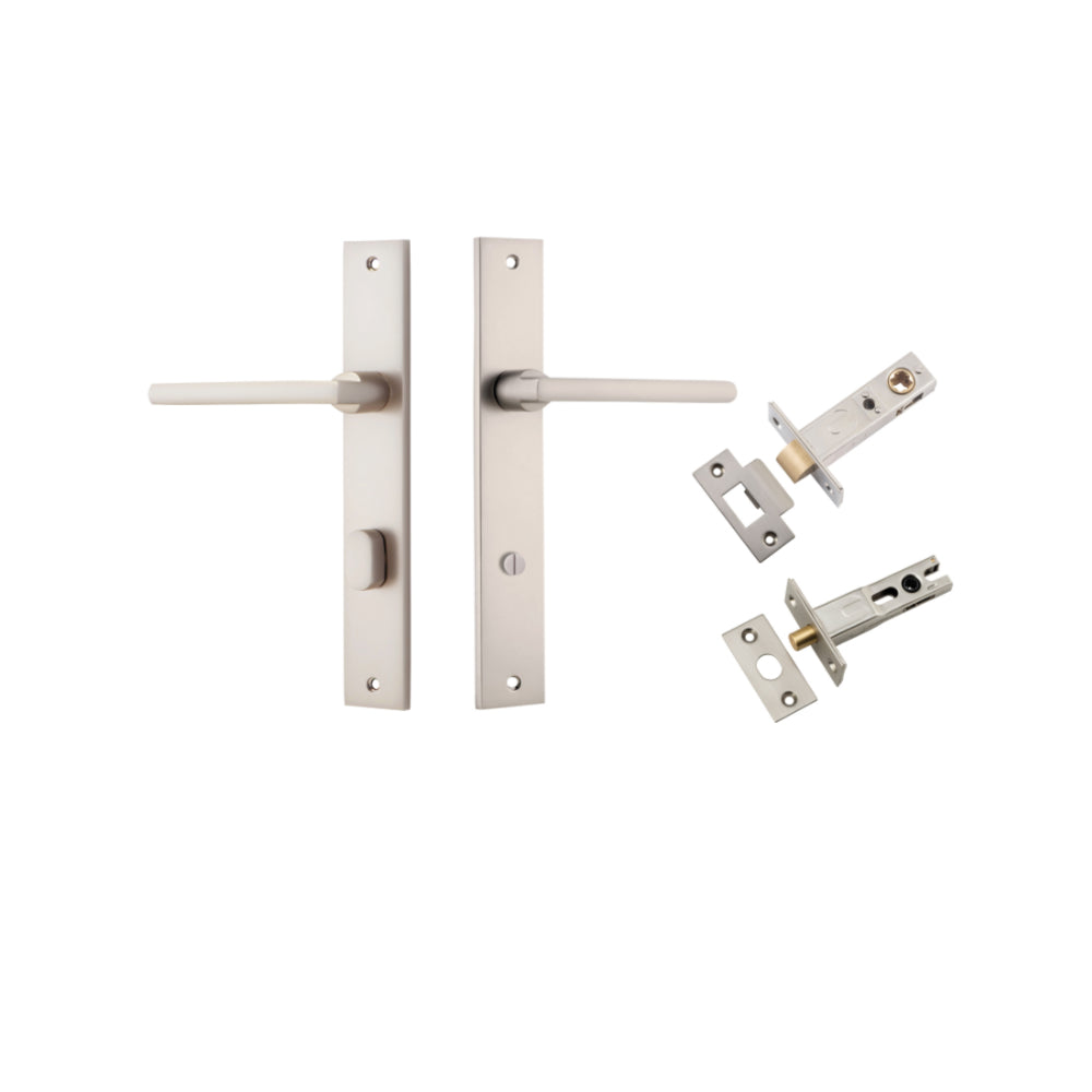 Pair of Iver Baltimore lever door handles with rectangular backplates, featuring a sleek, modern design in a polished finish.