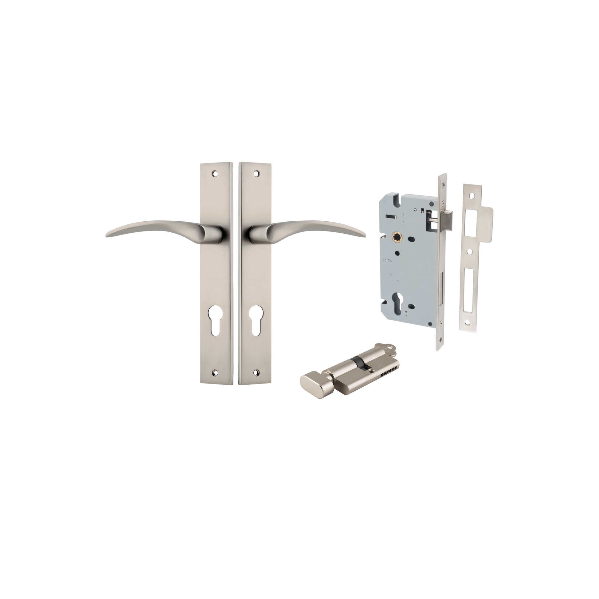 Door Lever Oxford Rectangular Euro Satin Nickel CTC85mm H240xW38xP60mm Entrance Kit, Mortice Lock Euro Satin Nickel CTC85mm Backset 60mm, Euro Cylinder Key Thumb 6 Pin Satin Nickel L70mm KA1 in Satin Nickel