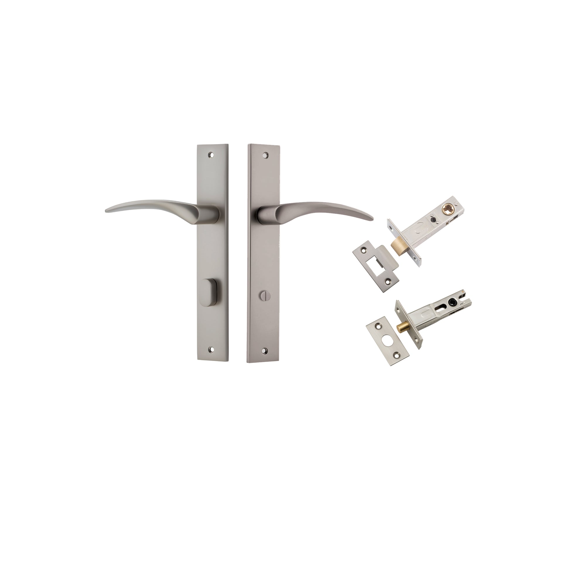Door Lever Oxford Rectangular Privacy Satin Nickel CTC85mm H240xW38xP60mm Privacy Kit, Tube Latch Split Cam 'T' Striker Satin Nickel Backset 60mm, Privacy Bolt Round Bolt Satin Nickel Backset 60mm in Satin Nickel