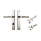 Door Lever Verona Rectangular Privacy Satin Nickel CTC85mm H240xW38xP59mm Inbuilt Privacy Kit, Tube Latch Split Cam 'T' Striker Satin Nickel Backset 60mm, Privacy Bolt Round Bolt Satin Nickel Backset 60mm in Satin Nickel