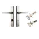 Door Lever Annecy Rectangular Privacy Satin Nickel CTC85mm H240xW38xP65mm Inbuilt Privacy Kit, Tube Latch Split Cam 'T' Striker Satin Nickel Backset 60mm, Privacy Bolt Round Bolt Satin Nickel Backset 60mm in Satin Nickel