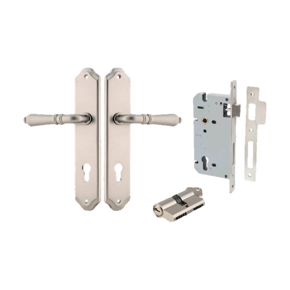 Door Lever Sarlat Shouldered Euro Satin Nickel CTC85mm H250xW48xP57mm Entrance Kit Mortice Lock Euro Satin Nickel CTC85mm Backset 60mm, Euro Cylinder Dual Function 5 Pin Satin Nickel L65mm KA1 in Satin Nickel