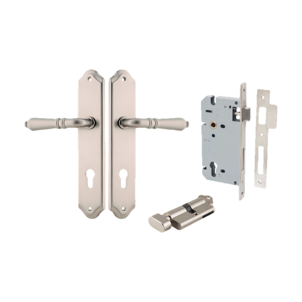 Door Lever Sarlat Shouldered Euro Satin Nickel CTC85mm H250xW48xP57mm Entrance Kit Mortice Lock Euro Satin Nickel CTC85mm Backset 60mm, Euro Cylinder Key Thumb 6 Pin Satin Nickel L70mm KA1 in Satin Nickel