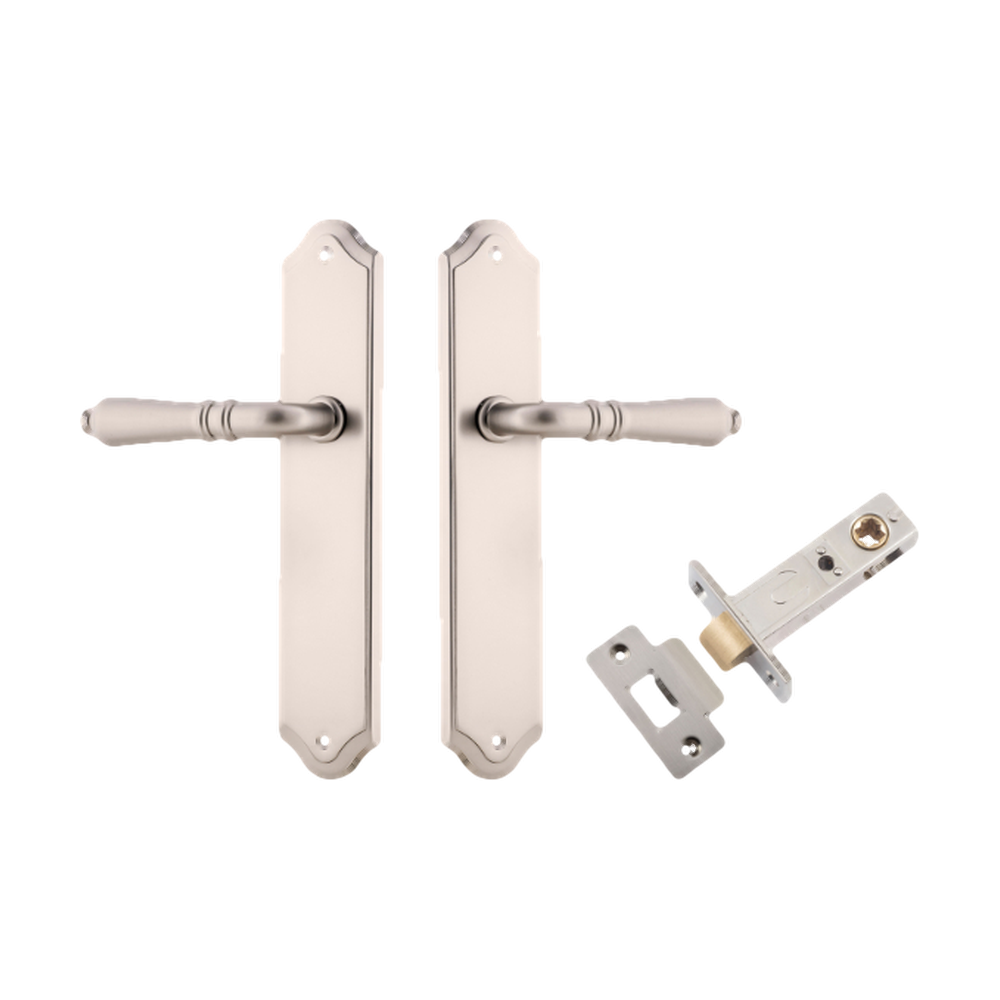 Door Lever Sarlat Shouldered Latch Satin Nickel H250xW48xP57mm Passage Kit Tube Latch Split Cam 'T' Striker Satin Nickel Backset 60mm in Satin Nickel
