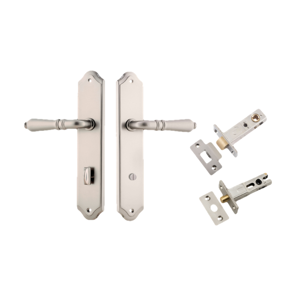 Door Lever Sarlat Shouldered Privacy Satin Nickel CTC85mm H250xW48xP57mm Privacy Kit Tube Latch Split Cam 'T' Striker Satin Nickel Backset 60mm, Privacy Bolt Round Bolt Satin Nickel Backset 60mm in Satin Nickel