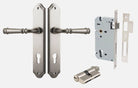 Door Lever Verona Shouldered Euro Satin Nickel CTC85mm H240xW50xP59mm Entrance Kit Mortice Lock Euro Satin Nickel CTC85mm Backset 60mm, Euro Cylinder Dual Function 5 Pin Satin Nickel L65mm KA1 in Satin Nickel
