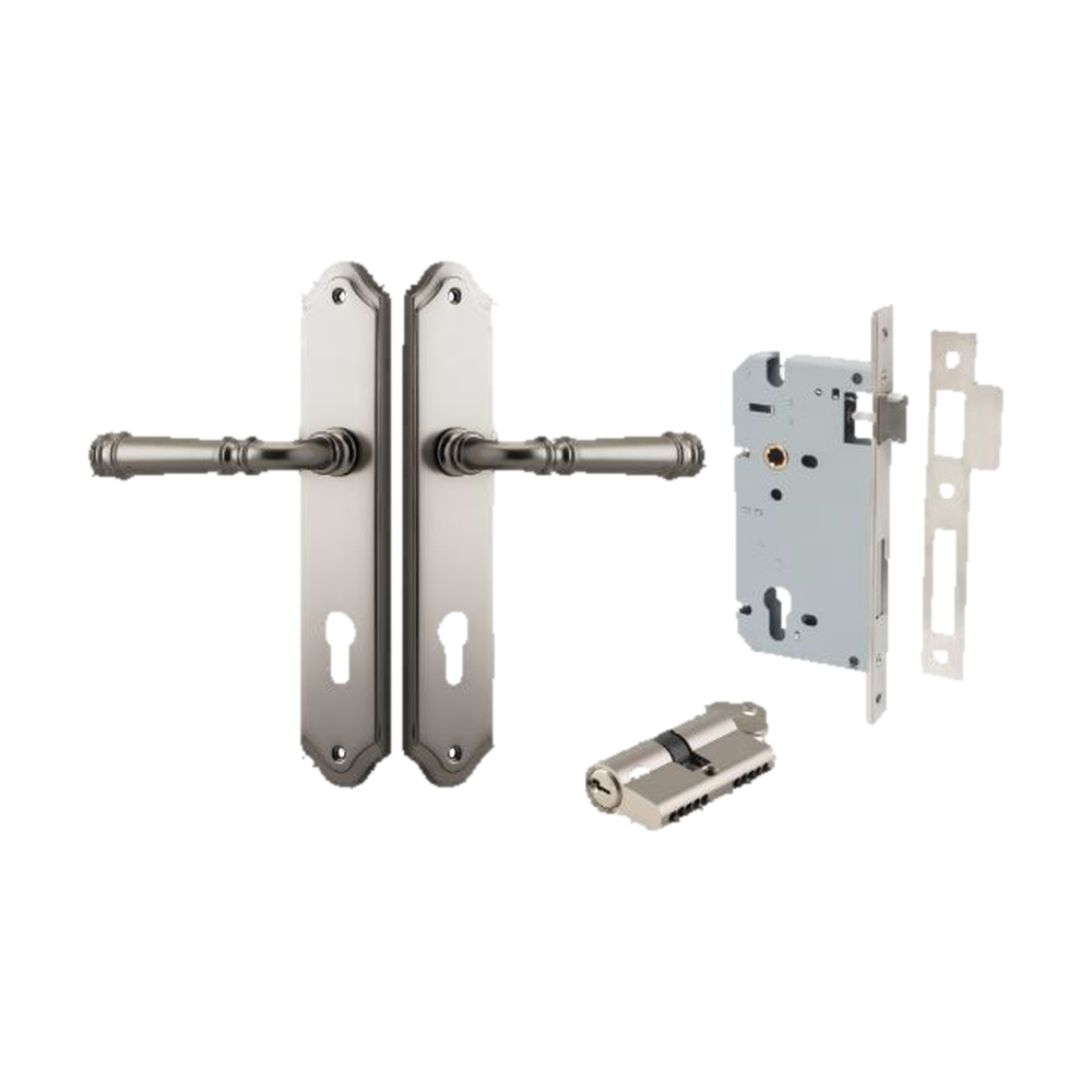 Door Lever Verona Shouldered Euro Satin Nickel CTC85mm H240xW50xP59mm Entrance Kit Mortice Lock Euro Satin Nickel CTC85mm Backset 60mm, Euro Cylinder Dual Function 5 Pin Satin Nickel L65mm KA1 in Satin Nickel