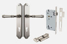 Door Lever Verona Shouldered Euro Satin Nickel CTC85mm H240xW50xP59mm Entrance Kit Mortice Lock Euro Satin Nickel CTC85mm Backset 60mm, Euro Cylinder Key Thumb 6 Pin Satin Nickel L70mm KA1 in Satin Nickel