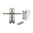 Door Lever Verona Shouldered Euro Satin Nickel CTC85mm H240xW50xP59mm Entrance Kit Mortice Lock Euro Satin Nickel CTC85mm Backset 60mm, Euro Cylinder Key Thumb 6 Pin Satin Nickel L70mm KA1 in Satin Nickel