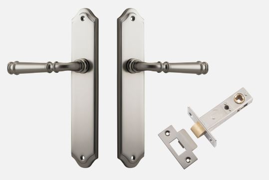 Door Lever Verona Shouldered Latch Satin Nickel H240xW50xP59mm Passage Kit Tube Latch Split Cam 'T' Striker Satin Nickel Backset 60mm in Satin Nickel