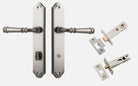 Door Lever Verona Shouldered Privacy Satin Nickel CTC85mm H240xW50xP59mm Inbuilt Privacy Kit Tube Latch Split Cam 'T' Striker Satin Nickel Backset 60mm, Privacy Bolt Round Bolt Satin Nickel Backset 60mm in Satin Nickel