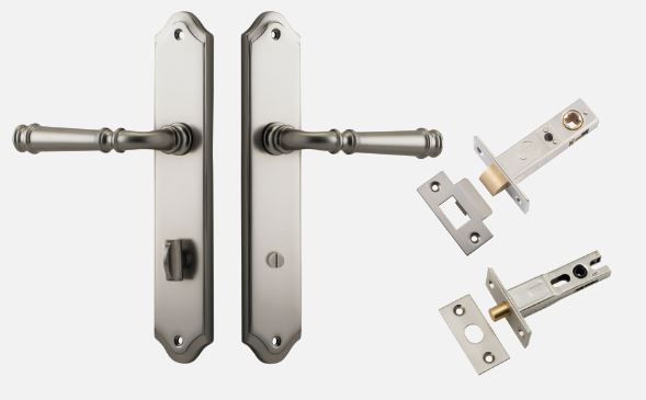 Door Lever Verona Shouldered Privacy Satin Nickel CTC85mm H240xW50xP59mm Inbuilt Privacy Kit Tube Latch Split Cam 'T' Striker Satin Nickel Backset 60mm, Privacy Bolt Round Bolt Satin Nickel Backset 60mm in Satin Nickel