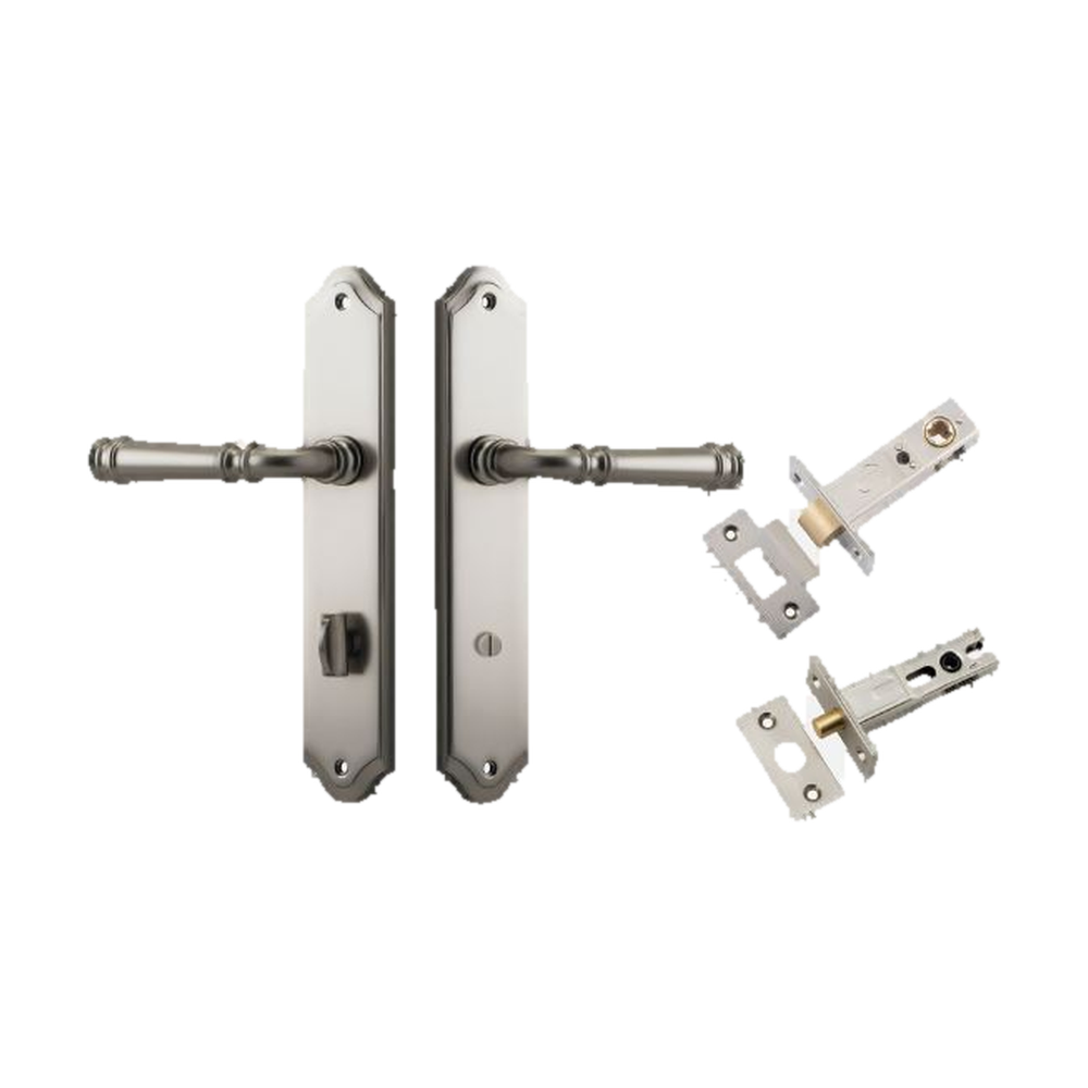 Door Lever Verona Shouldered Privacy Satin Nickel CTC85mm H240xW50xP59mm Inbuilt Privacy Kit Tube Latch Split Cam 'T' Striker Satin Nickel Backset 60mm, Privacy Bolt Round Bolt Satin Nickel Backset 60mm in Satin Nickel