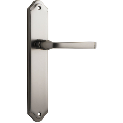 Pair of Iver Annecy lever handle pulls on shouldered backplates with a sleek, modern design for furniture or cabinetry.