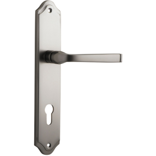 Pair of Iver Annecy lever on shouldered backplate door handles in a brushed finish, featuring elegant, modern design.