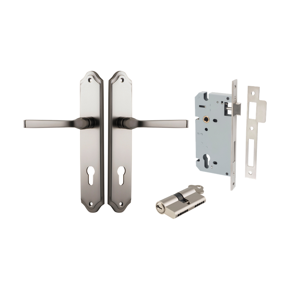 Door Lever Annecy Shouldered Euro Satin Nickel CTC85mm H240xW50xP65mm Entrance Kit Mortice Lock Euro Satin Nickel CTC85mm Backset 60mm, Euro Cylinder Dual Function 5 Pin Satin Nickel L65mm KA1 in Satin Nickel