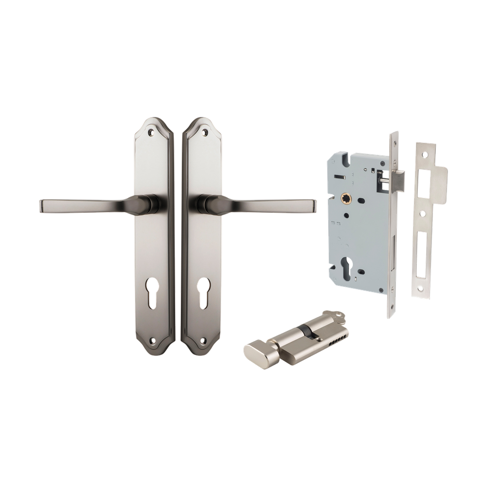 Door Lever Annecy Shouldered Euro Satin Nickel CTC85mm H240xW50xP65mm Entrance Kit Mortice Lock Euro Satin Nickel CTC85mm Backset 60mm, Euro Cylinder Key Thumb 6 Pin Satin Nickel L70mm KA1 in Satin Nickel