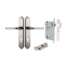 Door Lever Annecy Shouldered Euro Satin Nickel CTC85mm H240xW50xP65mm Entrance Kit Mortice Lock Euro Satin Nickel CTC85mm Backset 60mm, Euro Cylinder Key Thumb 6 Pin Satin Nickel L70mm KA1 in Satin Nickel