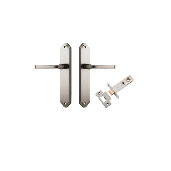 Door Lever Annecy Shouldered Latch Satin Nickel H240xW50xP65mm Passage Kit, Tube Latch Split Cam 'T' Striker Satin Nickel Backset 60mm in Satin Nickel