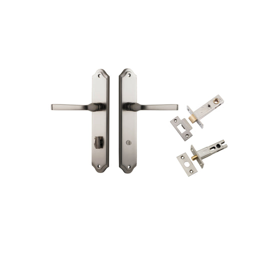 Door Lever Annecy Shouldered Privacy Satin Nickel CTC85mm H240xW50xP65mm Inbuilt Privacy Kit, Tube Latch Split Cam 'T' Striker Satin Nickel Backset 60mm, Privacy Bolt Round Bolt Satin Nickel Backset 60mm in Satin Nickel