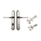 Door Lever Annecy Shouldered Privacy Satin Nickel CTC85mm H240xW50xP65mm Inbuilt Privacy Kit Tube Latch Split Cam 'T' Striker Satin Nickel Backset 60mm, Privacy Bolt Round Bolt Satin Nickel Backset 60mm in Satin Nickel