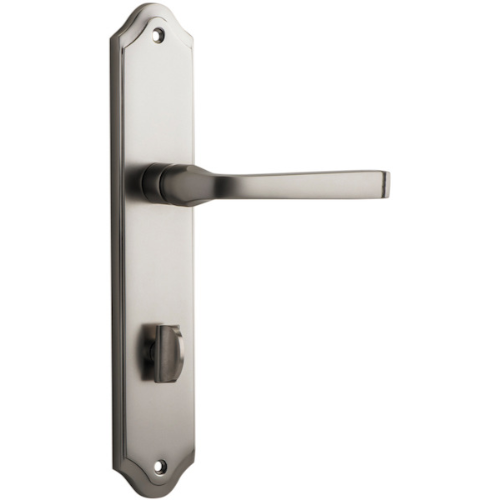 Pair of Iver Annecy lever handles on shouldered backplates, featuring a sleek, modern design for cabinet or door hardware.