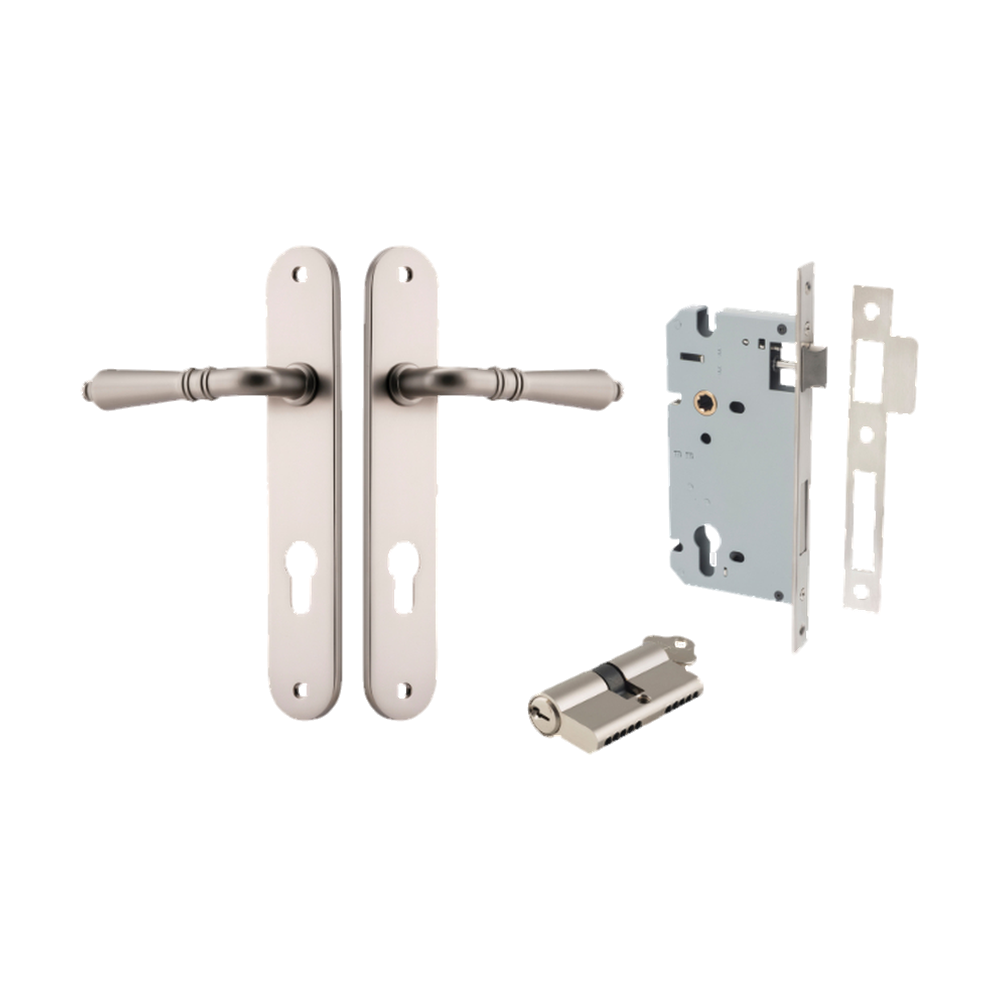Door Lever Sarlat Oval Euro Satin Nickel CTC85mm H240xW40xP55mm Entrance Kit Mortice Lock Euro Satin Nickel CTC85mm Backset 60mm, Euro Cylinder Dual Function 5 Pin Satin Nickel L65mm KA1 in Satin Nickel