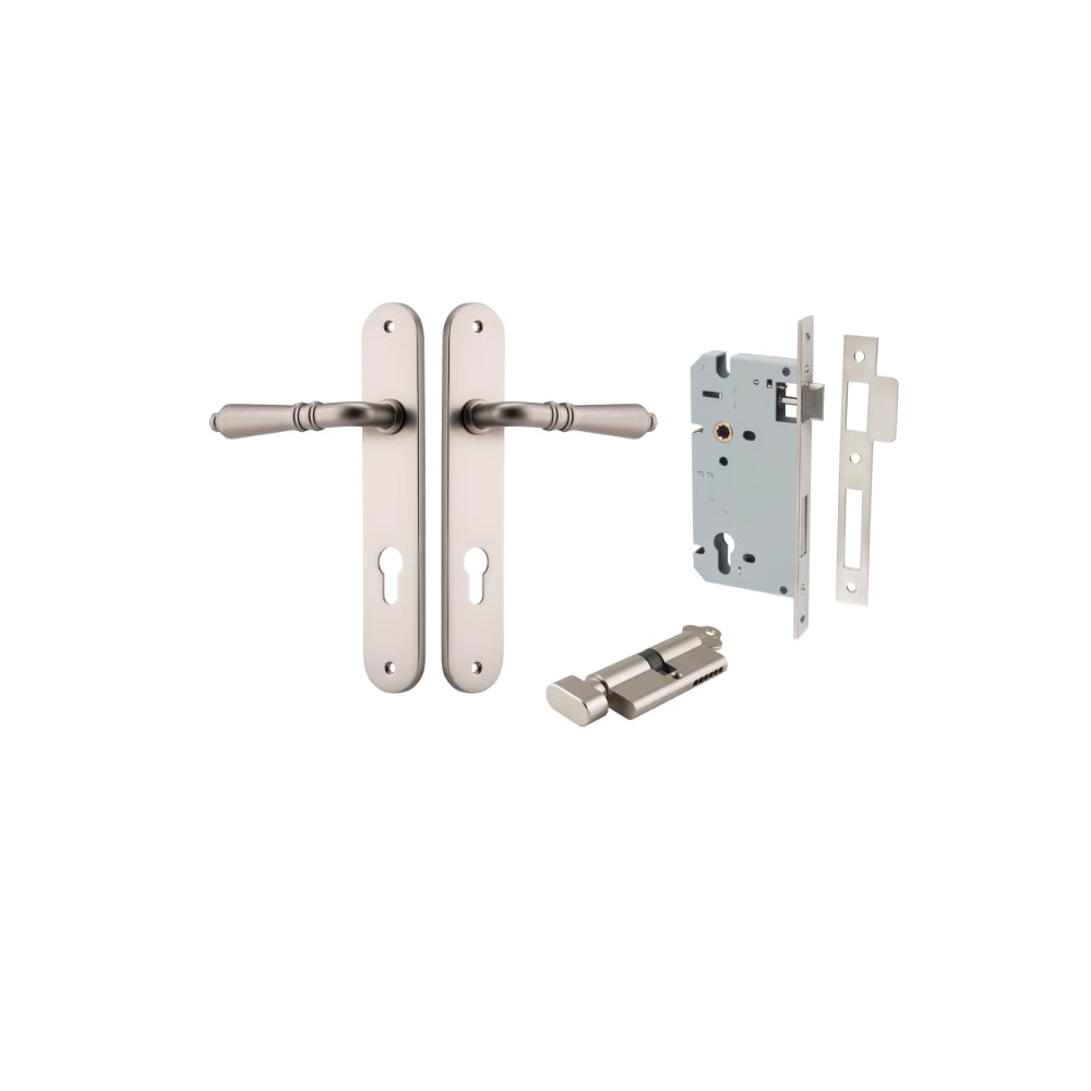 Door Lever Sarlat Oval Euro Satin Nickel CTC85mm H240xW40xP55mm Entrance Kit Mortice Lock Euro Satin Nickel CTC85mm Backset 60mm, Euro Cylinder Key Thumb 6 Pin Satin Nickel L70mm KA1 in Satin Nickel