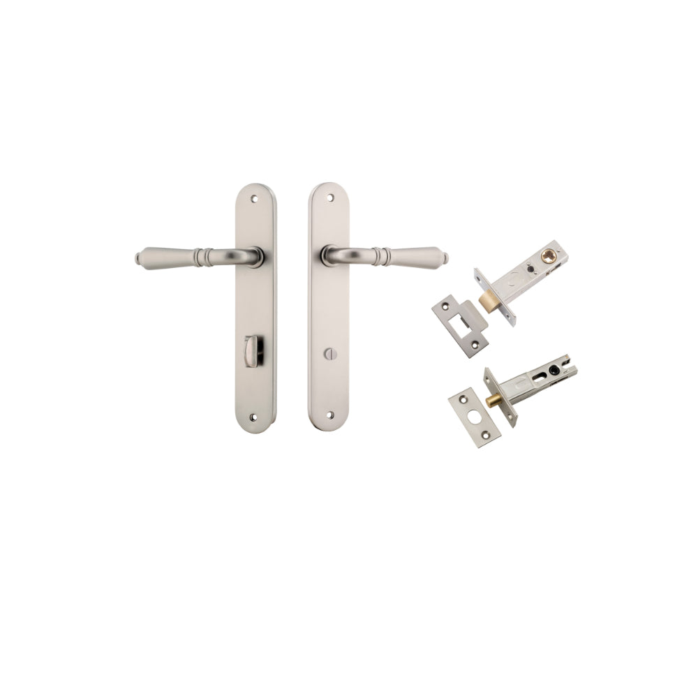 Door Lever Sarlat Oval Privacy Satin Nickel CTC85mm H240xW40xP55mm Privacy Kit Tube Latch Split Cam 'T' Striker Satin Nickel Backset 60mm, Privacy Bolt Round Bolt Satin Nickel Backset 60mm in Satin Nickel