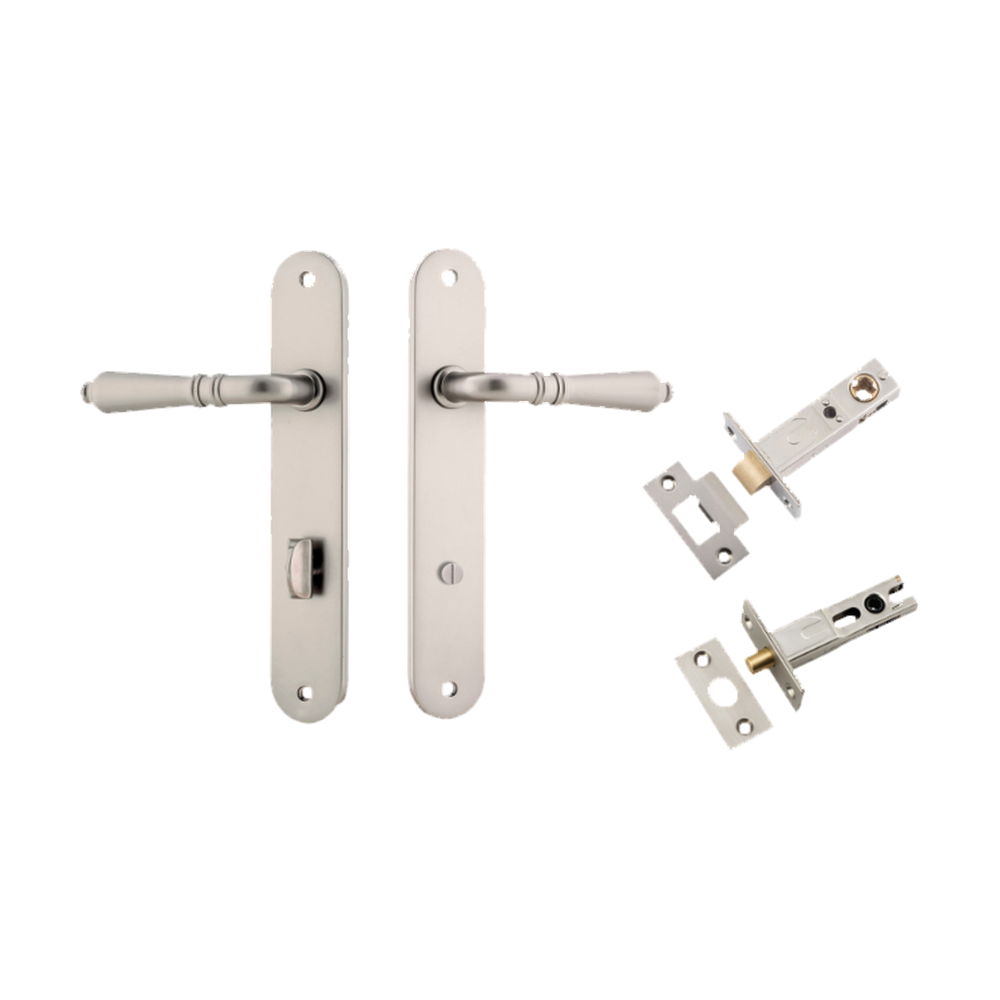 Door Lever Sarlat Oval Privacy Satin Nickel CTC85mm H240xW40xP55mm Privacy Kit Tube Latch Split Cam 'T' Striker Satin Nickel Backset 60mm, Privacy Bolt Round Bolt Satin Nickel Backset 60mm in Satin Nickel