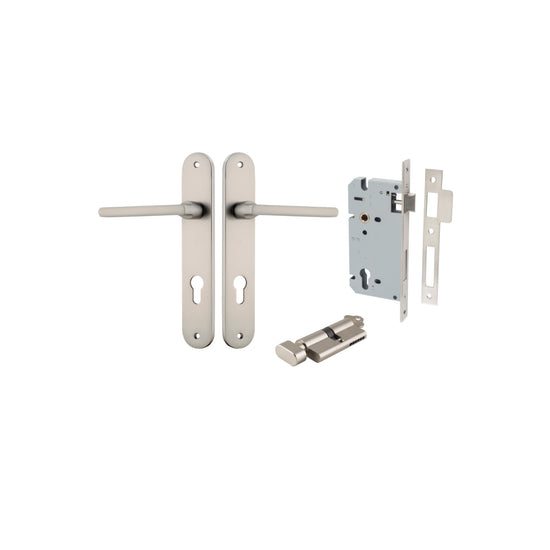 Door Lever Baltimore Oval Euro Satin Nickel CTC85mm H240xW40xP55mm Entrance Kit Mortice Lock Euro Satin Nickel CTC85mm Backset 60mm, Euro Cylinder Key Thumb 6 Pin Satin Nickel L70mm KA1 in Satin Nickel