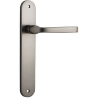 Pair of Iver Annecy lever handles on oval backplates, showcasing elegant brushed nickel finish and classic design for doors.