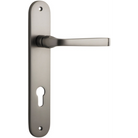 Pair of Iver Annecy lever handles on oval backplates, featuring polished brass finish and elegant design for doors.