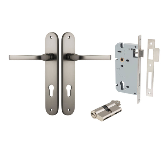 Door Lever Annecy Oval Euro Satin Nickel CTC85mm H240xW40xP62mm Entrance Kit, Mortice Lock Euro Satin Nickel CTC85mm Backset 60mm, Euro Cylinder Dual Function 5 Pin Satin Nickel L65mm KA1 in Satin Nickel