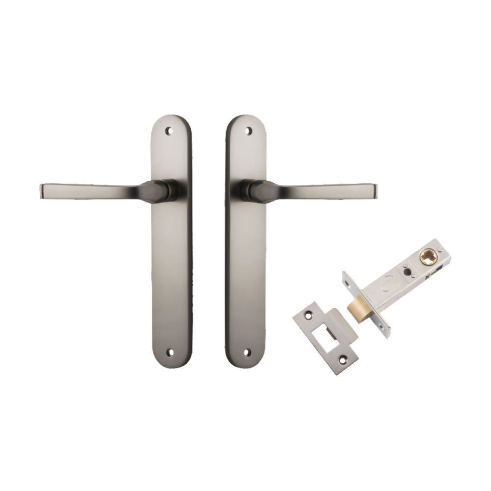 Door Lever Annecy Oval Latch Satin Nickel H240xW40xP62mm Passage Kit Tube Latch Split Cam 'T' Striker Satin Nickel Backset 60mm in Satin Nickel