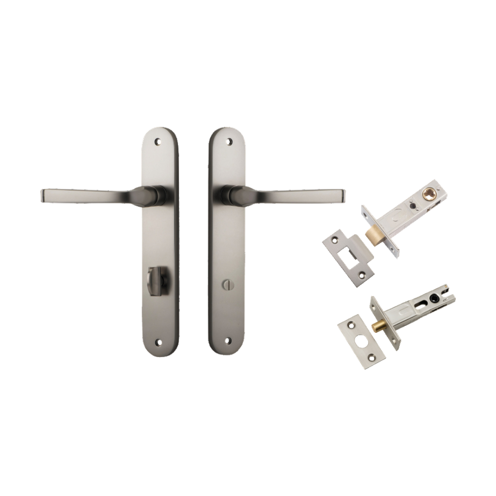 Door Lever Annecy Oval Privacy Satin Nickel CTC85mm H240xW40xP62mm Inbuilt Privacy Kit Tube Latch Split Cam 'T' Striker Satin Nickel Backset 60mm, Privacy Bolt Round Bolt Satin Nickel Backset 60mm in Satin Nickel
