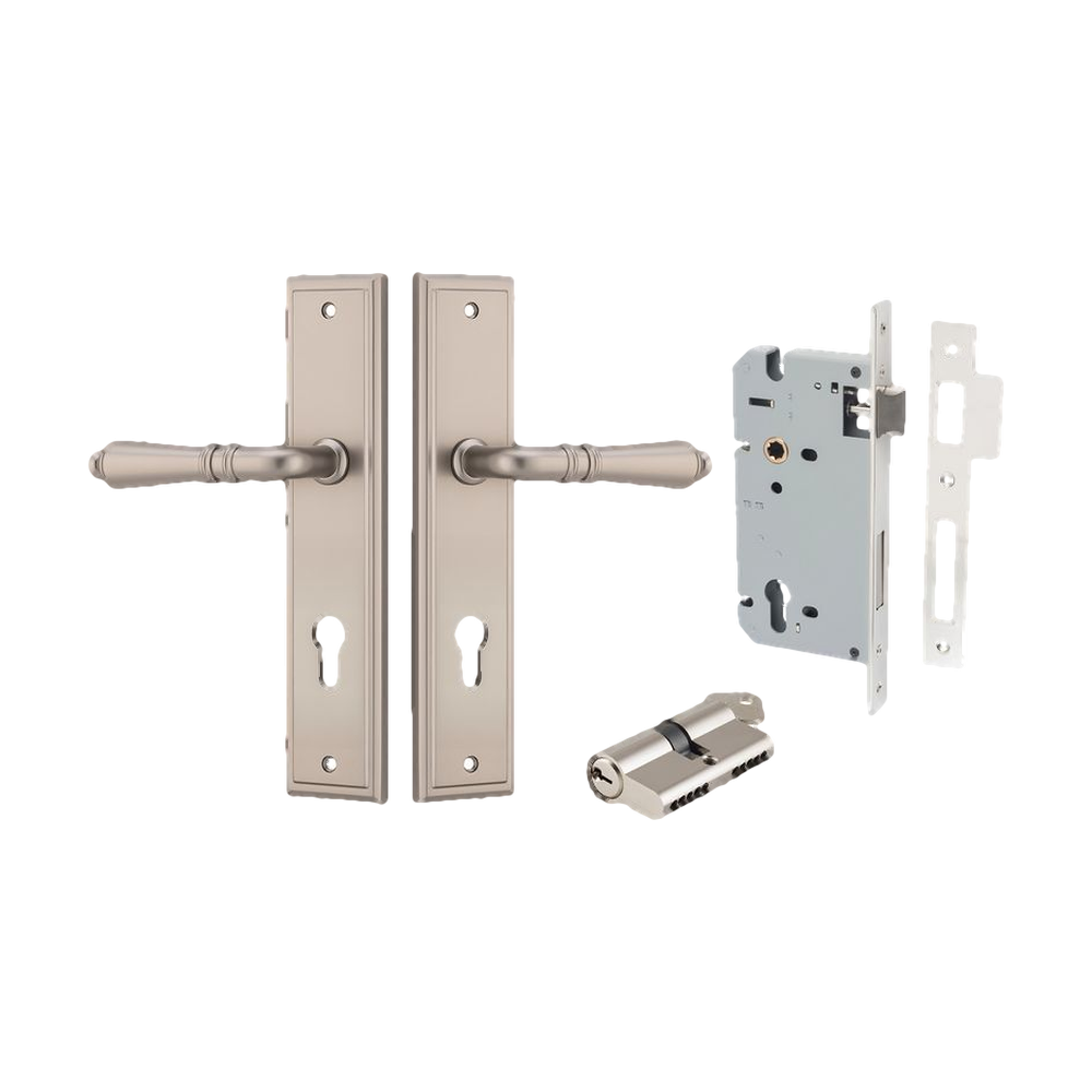 Door Lever Sarlat Stepped Satin Nickel Key / Key Entrance Kit in Satin Nickel