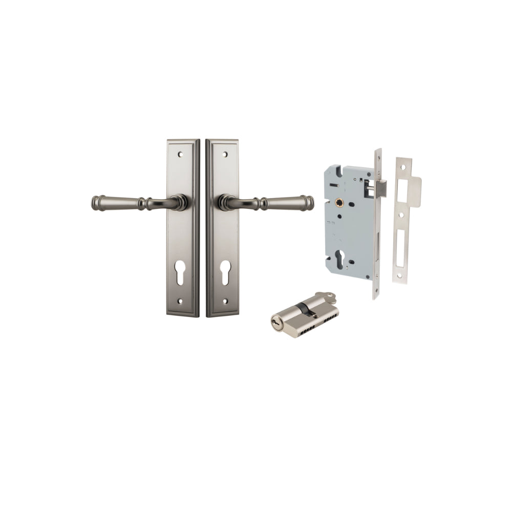 Door Lever Verona Stepped Euro Satin Nickel CTC85mm H240xW50xP59mm Entrance Kit Mortice Lock Euro Satin Nickel CTC85mm Backset 60mm, Euro Cylinder Dual Function 5 Pin Satin Nickel L65mm KA1 in Satin Nickel