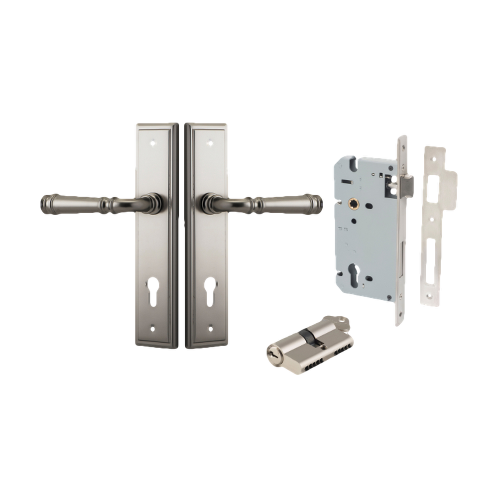 Door Lever Verona Stepped Euro Satin Nickel CTC85mm H240xW50xP59mm Entrance Kit Mortice Lock Euro Satin Nickel CTC85mm Backset 60mm, Euro Cylinder Dual Function 5 Pin Satin Nickel L65mm KA1 in Satin Nickel