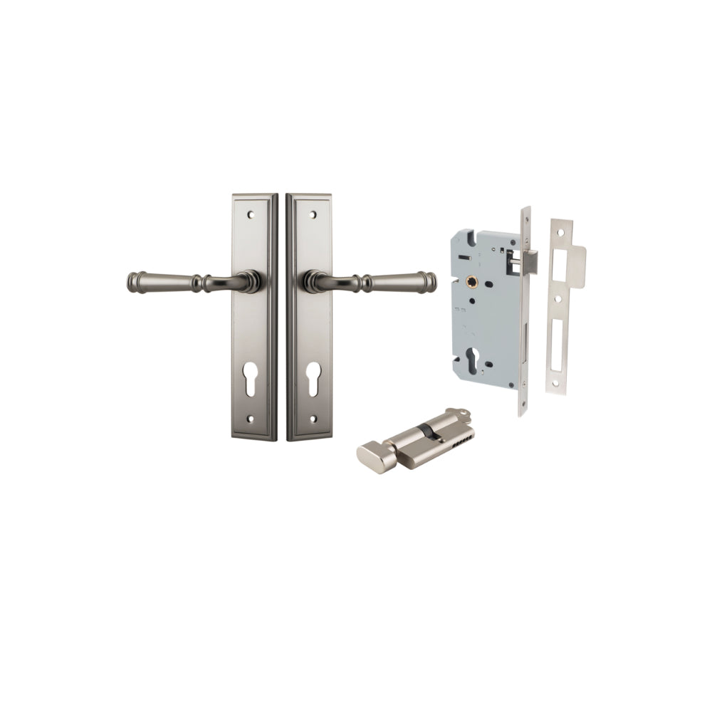 Door Lever Verona Stepped Euro Satin Nickel CTC85mm H240xW50xP59mm Entrance Kit Mortice Lock Euro Satin Nickel CTC85mm Backset 60mm, Euro Cylinder Key Thumb 6 Pin Satin Nickel L70mm KA1 in Satin Nickel
