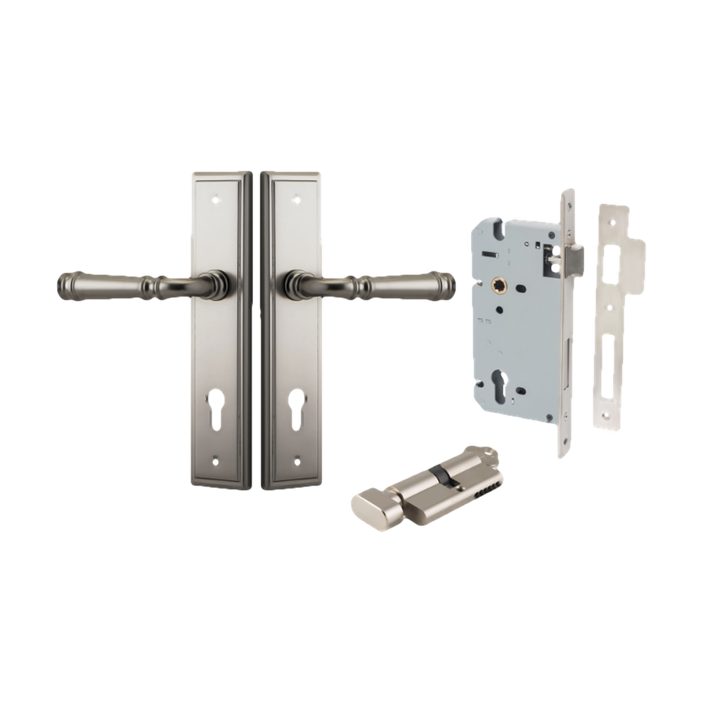 Door Lever Verona Stepped Euro Satin Nickel CTC85mm H240xW50xP59mm Entrance Kit Mortice Lock Euro Satin Nickel CTC85mm Backset 60mm, Euro Cylinder Key Thumb 6 Pin Satin Nickel L70mm KA1 in Satin Nickel