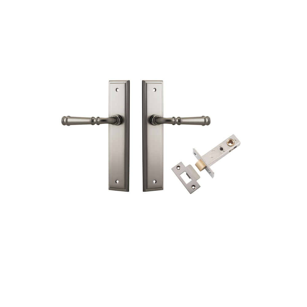 Door Lever Verona Stepped Latch Satin Nickel H240xW50xP59mm Passage Kit Tube Latch Split Cam 'T' Striker Satin Nickel Backset 60mm in Satin Nickel
